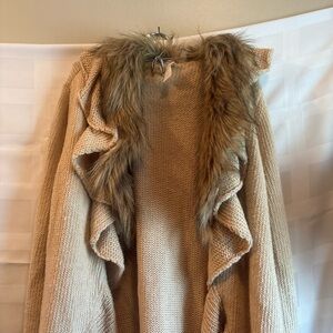 Chicos Women's Beige Sweater with Faux Fur Trim Removable - Cross posted